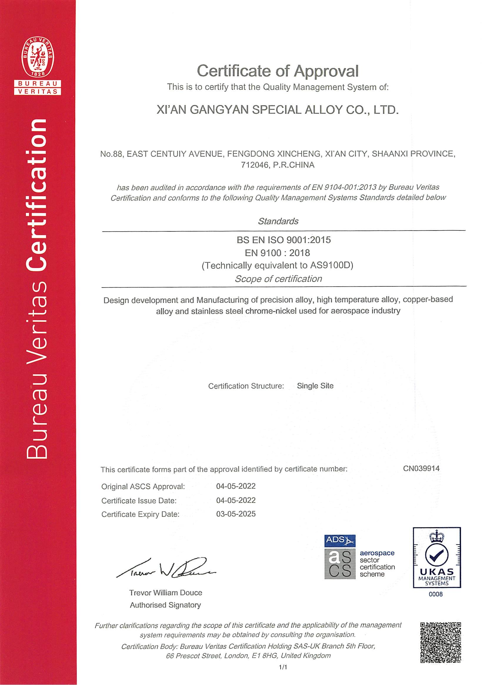 AS9100D Certificate